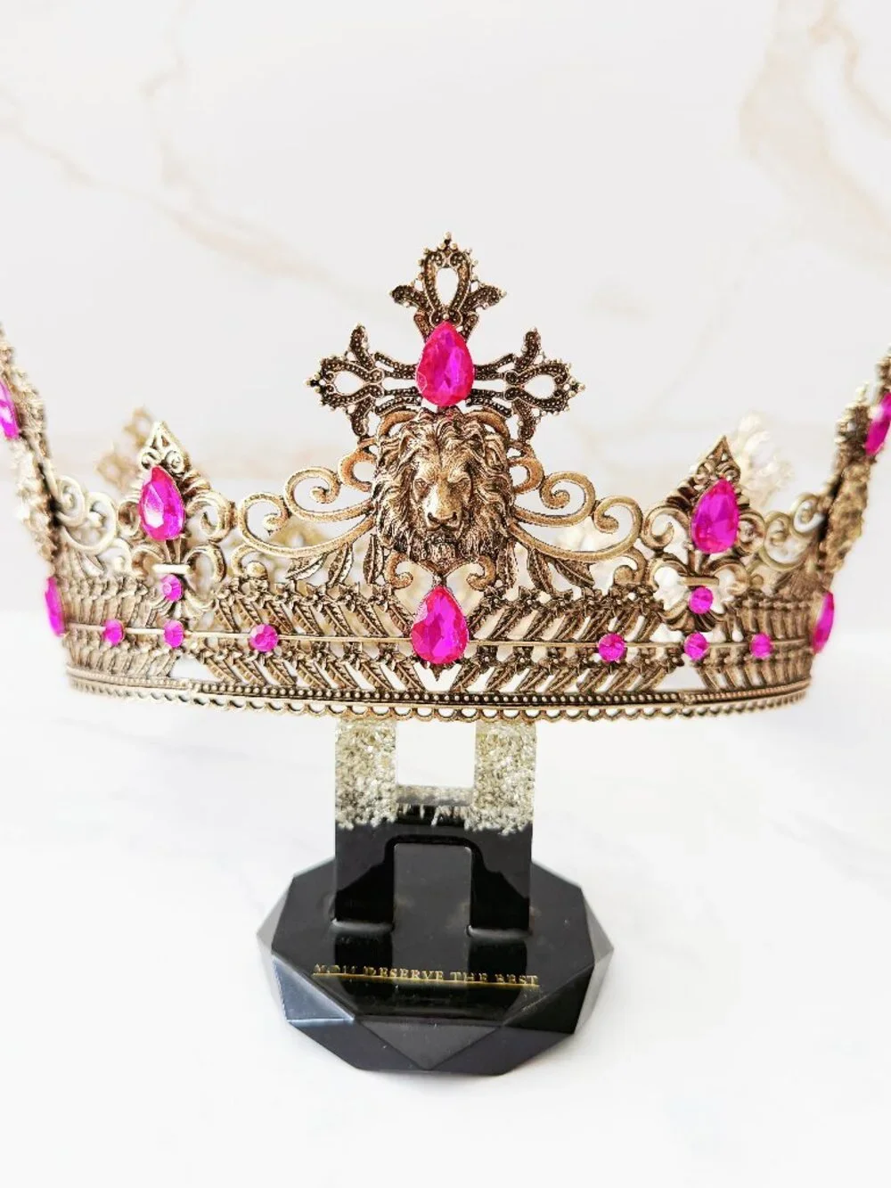 Vintage Style Gold Lion Crown with Hot Pink Crystals, Royal King Queen Headpiece